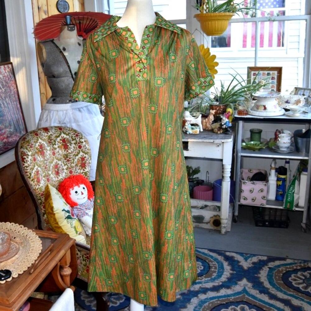 Vintage 1970s Jaree Classics Dress Green Orange Geometric Short Sleeve M L